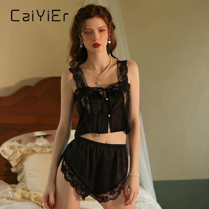 CAIYIER 2022 Sexy Lingerie Lace Pajamas Set Babydoll Hot Temptation Homewear Suit Silk Cami Pijama Female Underwear Nightwear