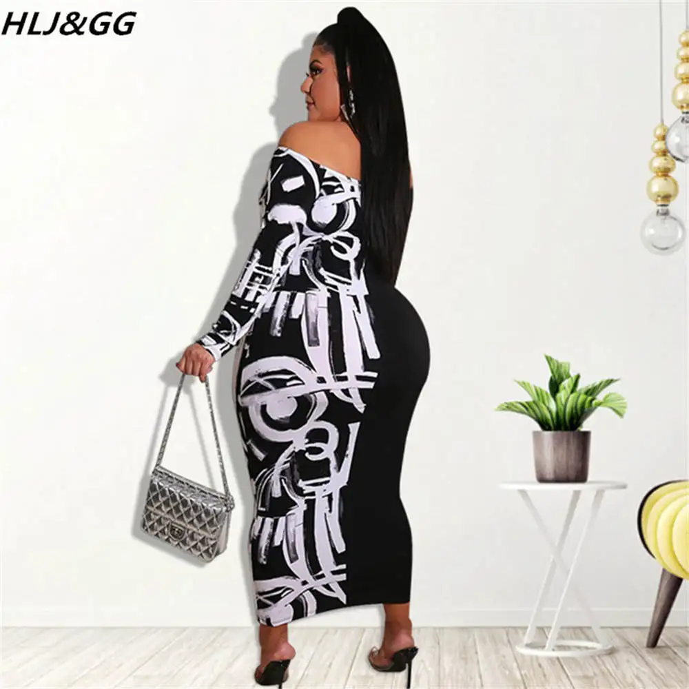 HLJ&GG Sexy Off Shoulder Long Sleeve Bodycon Mid Dresses Plus Size Women Graffiti Print Dress Fashion Female Streetwear Vestidos