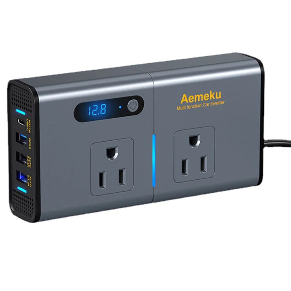 

New 200W Car Power Inverter Sinewave 12V DC to 110V AC Inverter Adapter with 4 USB Ports Fast Charging Display Power Transformer