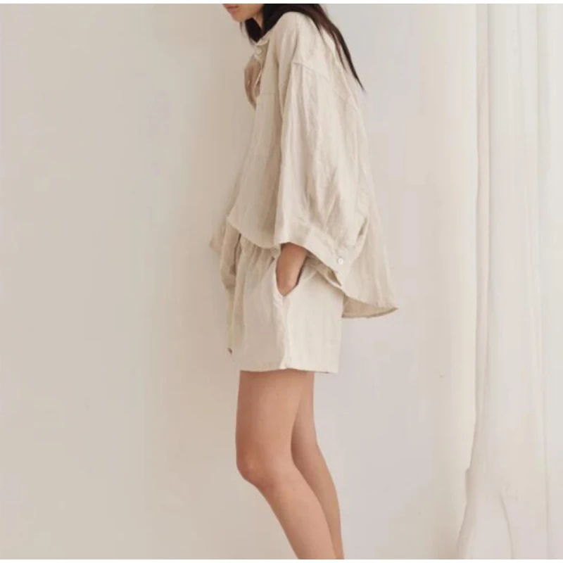 Summer Casual Oversized Linen Solid Shorts Women Set Loose Single-breasted Shirt and Elastic Waist Trousers 2 Pieces Sets 2023