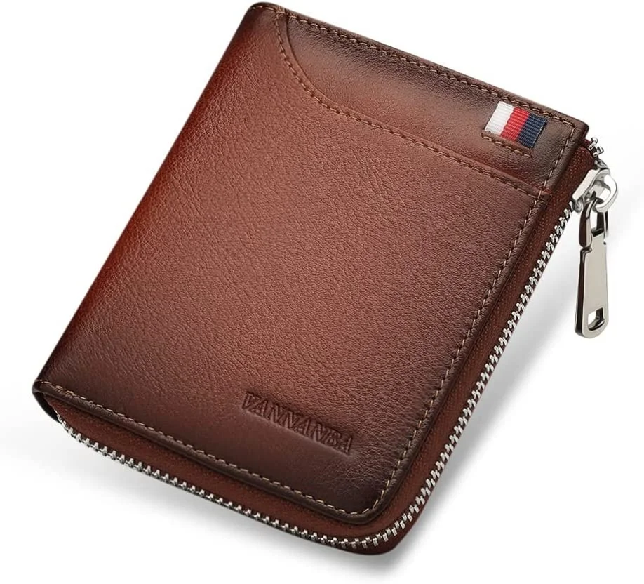 

Mens VANNANBA Genuine Leather Zipper Wallet RFID Blocking Bifold Zip Around Wallets Multi Credit Card Holder with Coin Pocket