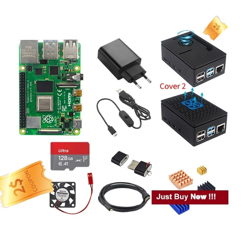 

.. Raspberry Pi 4 8GB 4GB 2GB Kit + Power Adapter + ABS Case + 32G 64G 128G Card + Reader + Heat Sink for Raspberry Pi 4 Model B