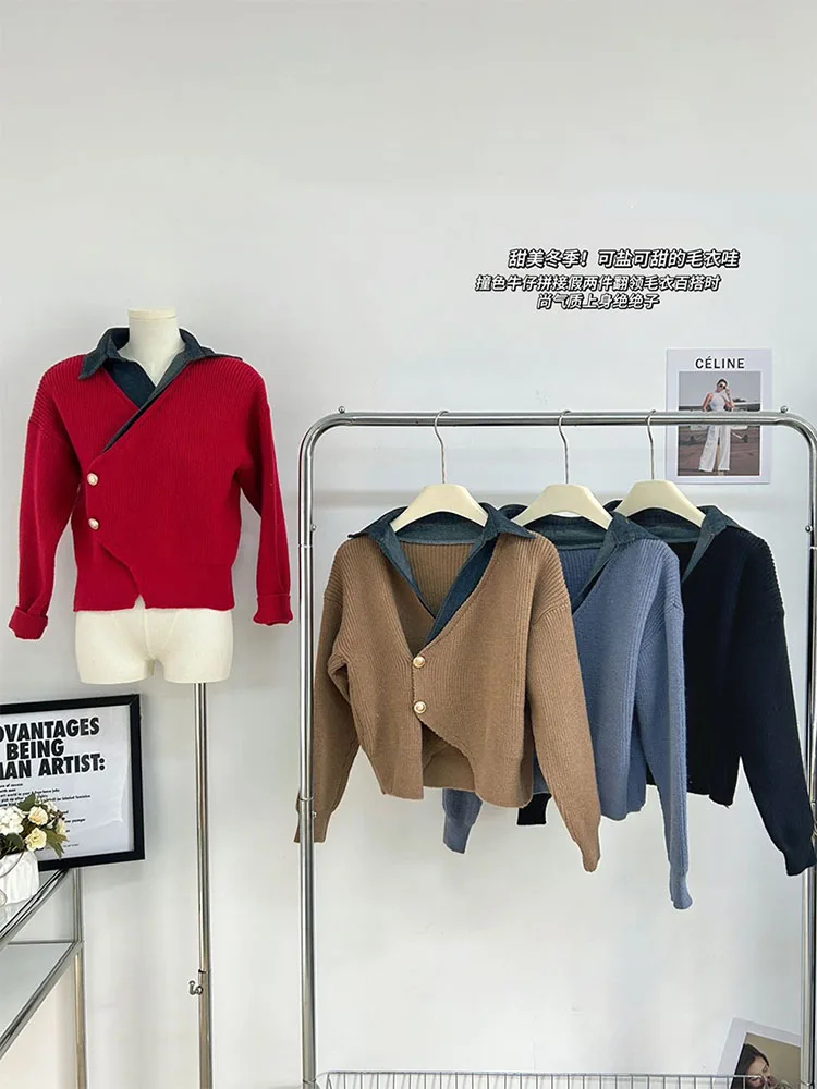 

Harajuku Knitted Pullovers Women Long Sleeve Autumn Winter Polo Collar Sweater Korean Tide Chic Patchwork Jumper 2000s Aesthetic