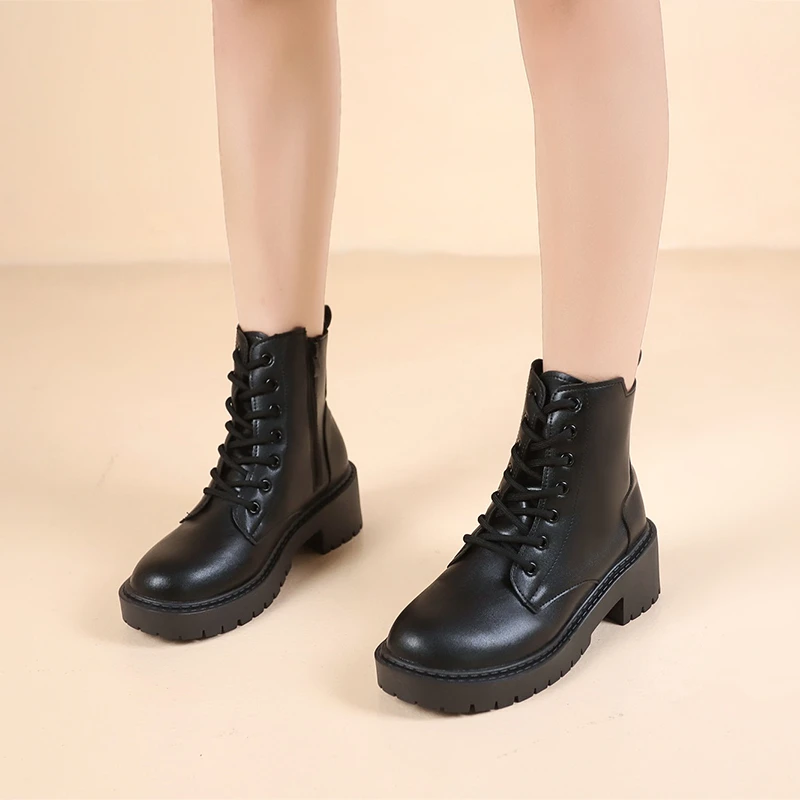 

Winter New Women Warm Boots Fashion Leather Round Toe Platform Boots All-match Solid Color Side Zipper Ankle Boots Zapatos Mujer
