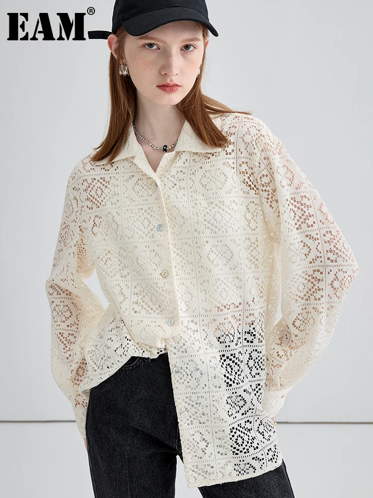 

[EAM] Women Arpicot Lace Hollow Out Big Size Elegant Blouse New Lapel Long Sleeve Shirt Fashion Tide Spring Autumn 2022 1DF0329