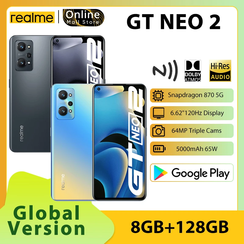 Смартфон глобальная версия realme GT Neo 2, Snapdragon 870 восемь ядер, экран 6,62 дюйма, 120 Гц, E4 AMOLED дисплей, 64 мп, тройная камера с искусственным интеллектом, 65 Вт