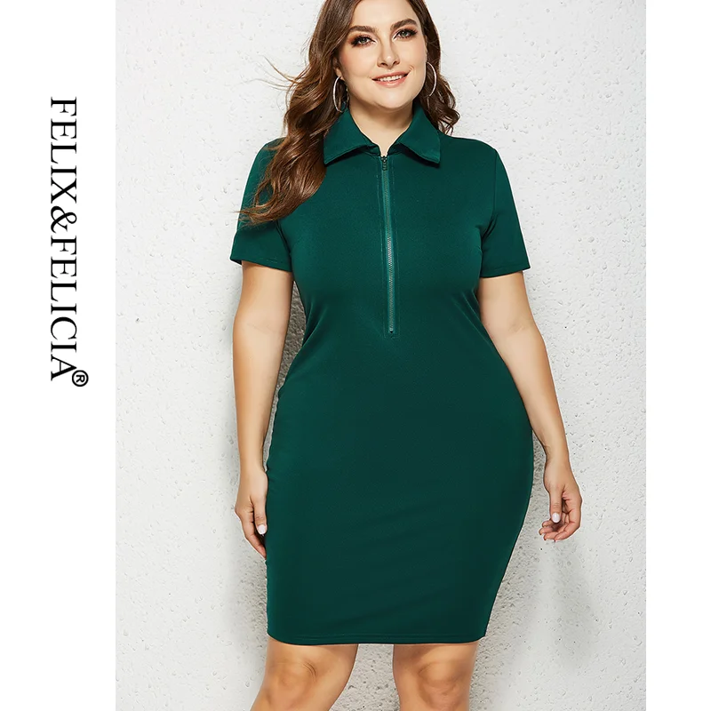 

FELIX&FELICIA Brand Fashion Large Size New Women's for 2023 Fat MM Solid Color Lapel Short-Sleeve Skirt Sexy Zipper Dress
