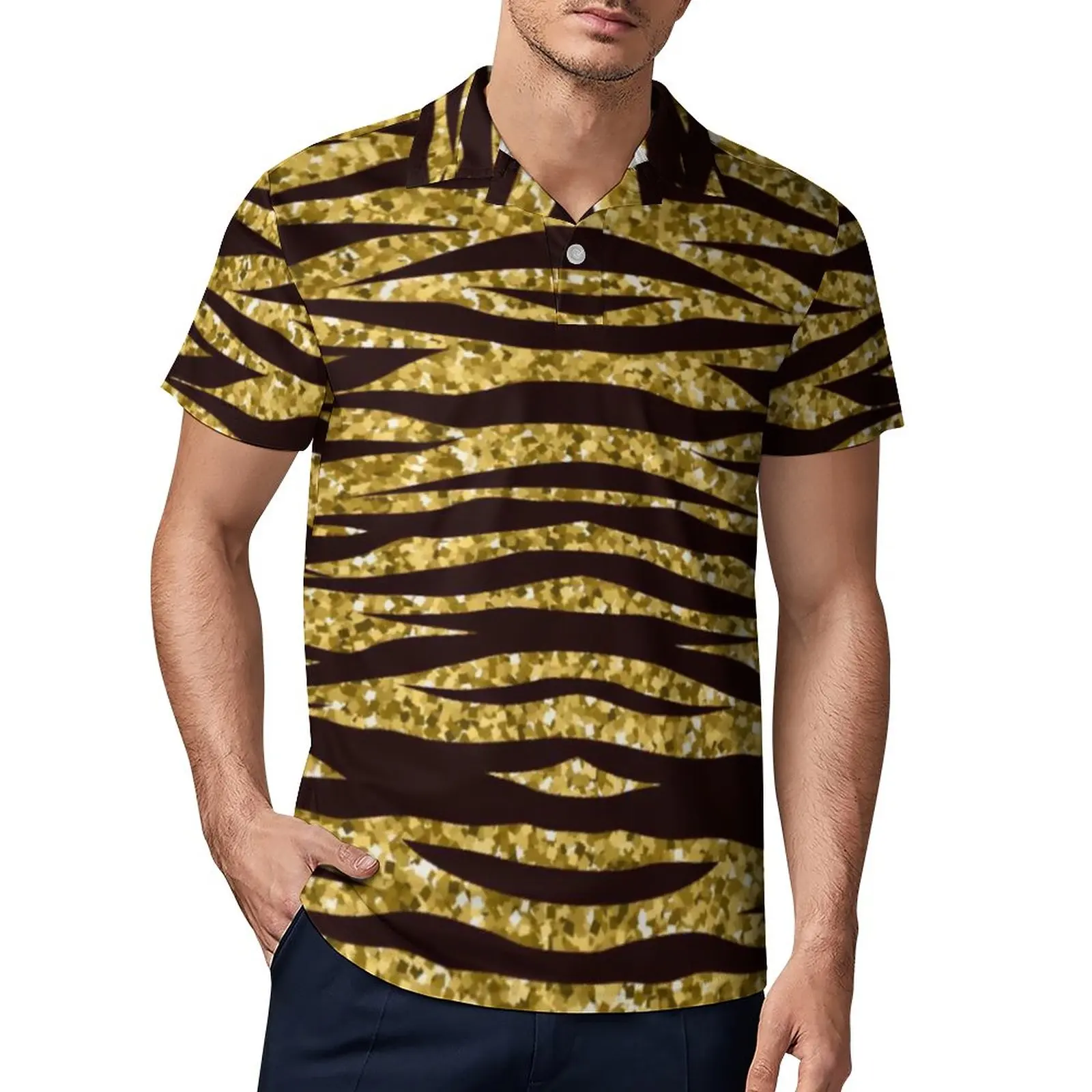 

Golden Tiger Print Casual Polo Shirts Animal Skin Stripes T-Shirts Short Sleeve Shirt Summer Retro Oversize Polo-Shirts Gift