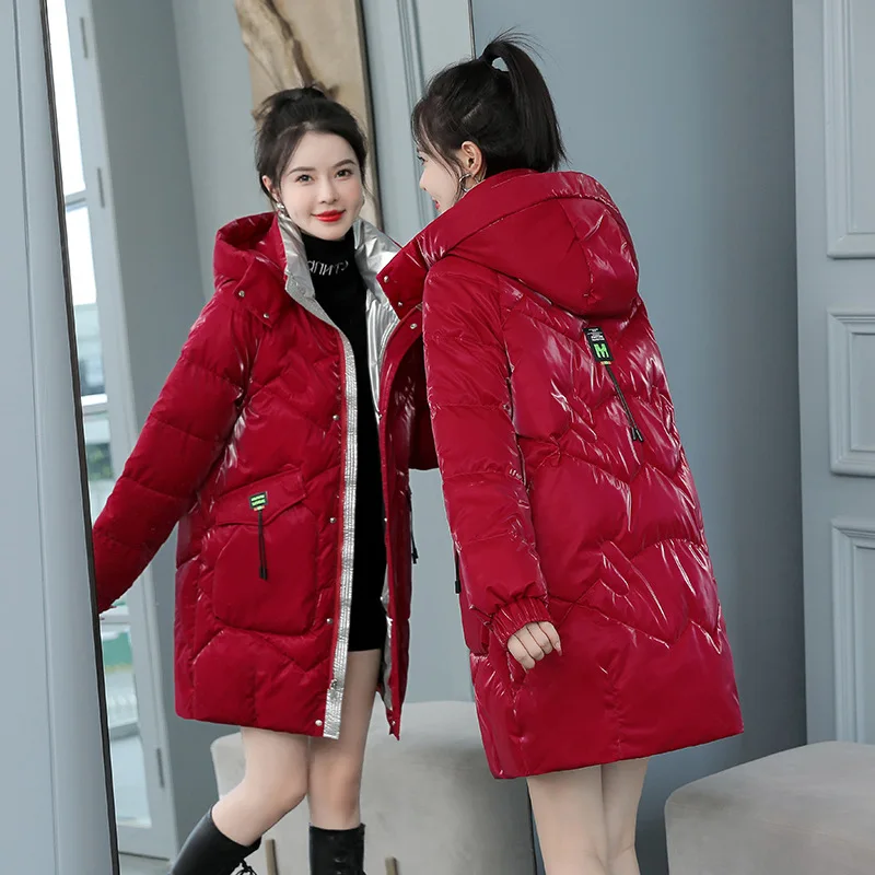NEEDBO Winter Jacket Parkas Women Bright Coat Fur Collar Hooded Overcoat Female Thick Warm Cotton Padded Outwear