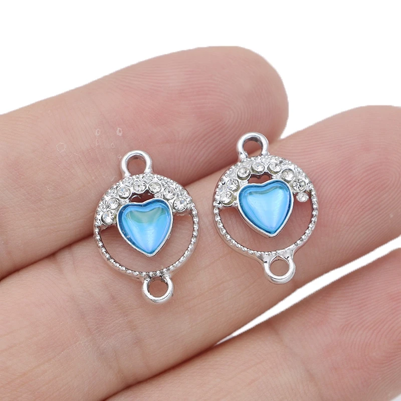 

5Pcs Silver Plated Blue Crystal Heart Charm Connector for Making Bracelet DIY Findings Jewelry Accessories Handmade 13mm
