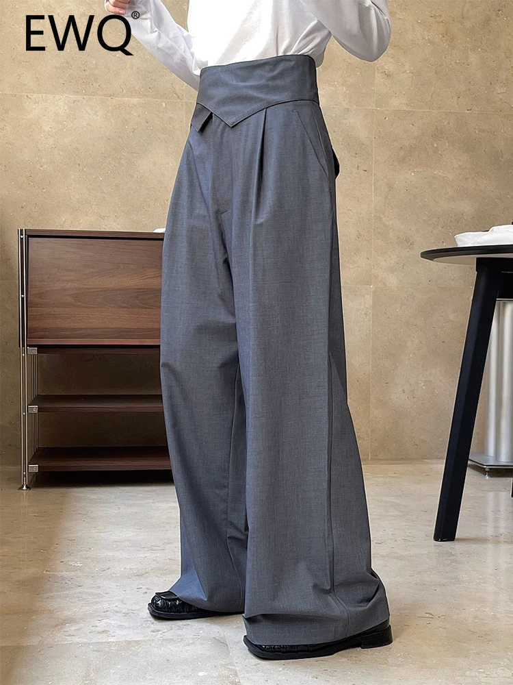 

Женские широкие офисные брюки EWQ, серые офисные свободные брюки серого цвета с регулируемой пряжкой и высокой талией, модель 26D162 в Корейском стиле на весну