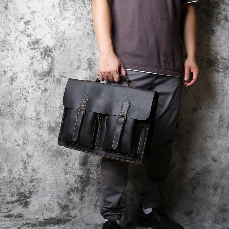 Retro Leather Men's Handbag Horse Leather Horizontal Computer Bag Top Layer Shoulder Leather Casual Designer Messenger Briefcase