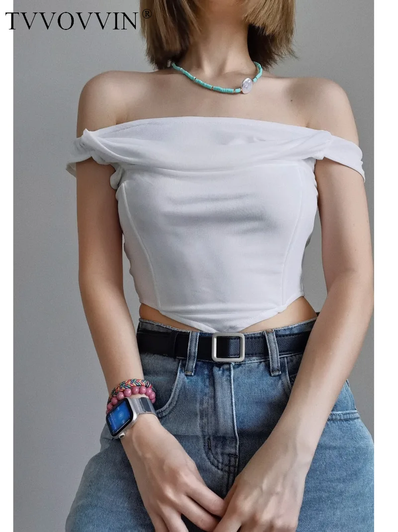 

TVVOVVIN 2023 Summer New Women's Gauze Off Shoulder Short Sleeve Irregular hem Solid Color Fashion T-shirt Spicy Girl Top YM1M