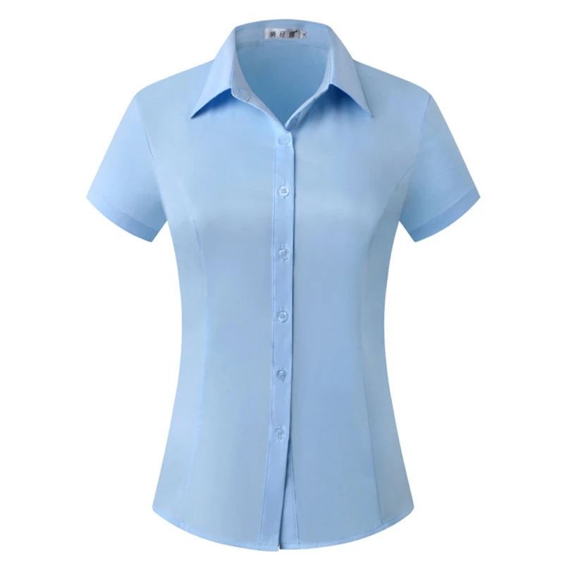 Women's Office Work Shirts Short Sleeve Button Down Lapel Blouse Summer Classic-Fit Tops Ladies Business Blouses