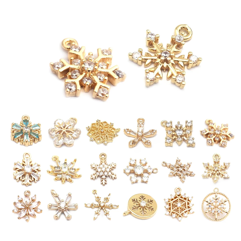 

24K Gold Color Brass and Zircon Snowflake Charms Pendants Jewelry Making Supplies Diy Necklaces Earrings Findings Accessories