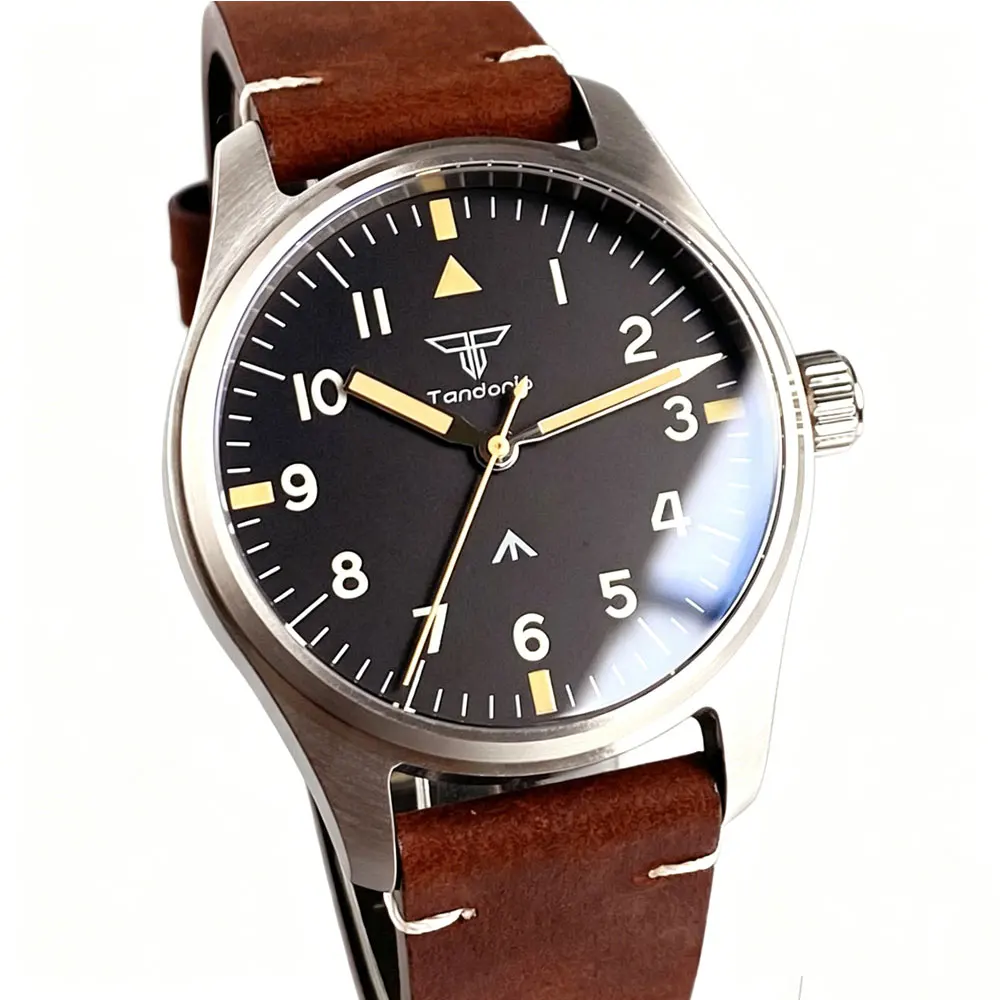Фото Мужские кварцевые часы Pilot Retro 39 мм с механизмом VH31, из нержавеющей стали, с сапфировым стеклом, водонепроницаемость 100 м, светящиеся метки, кожаный ремешок, Reloj Hombre №2