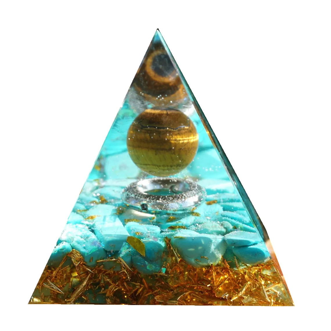 

Handmade Tiger Eye Crystal Sphere Orgone Pyramid with Turquoise Orgonite Energy Healing Reiki Chakra Pyramide