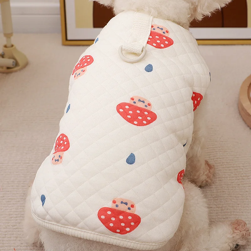 Dog Winter Vest with Leash Ring Mushroom Cartoon Bear Small Dogs Fleece Cardigan Puppy Pet Warm Clothes Two-Legged Tops