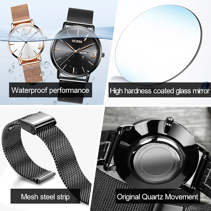 OLEVS Top Brand Fashion Simple Dial Casual Watch Couple Wristwatches Weekly Calendar 30M Waterproof 2022 New Couple Watch 2863