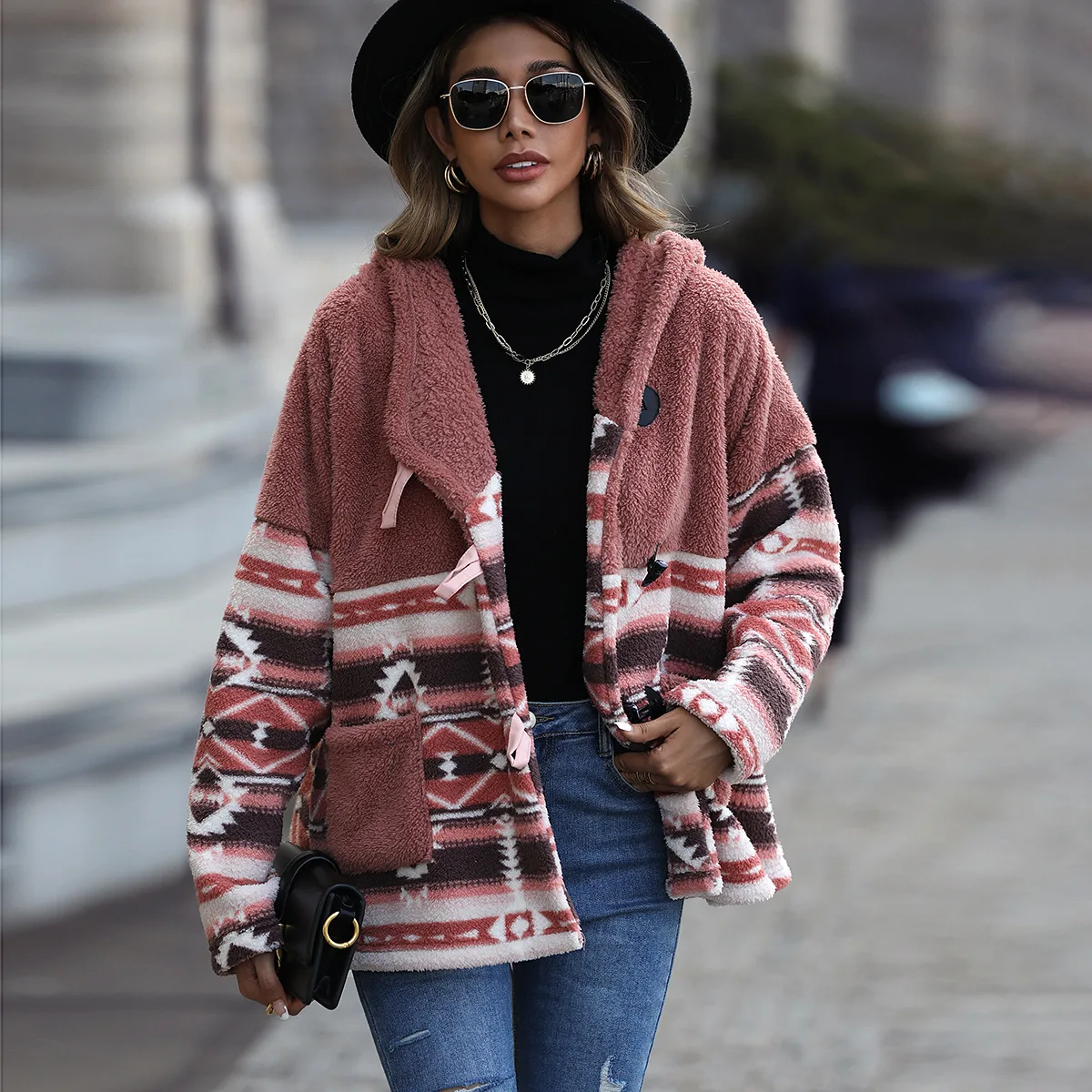 

New casual women's hooded long sleeved geometric horn button middle long double-sided Austrian velvet coat
