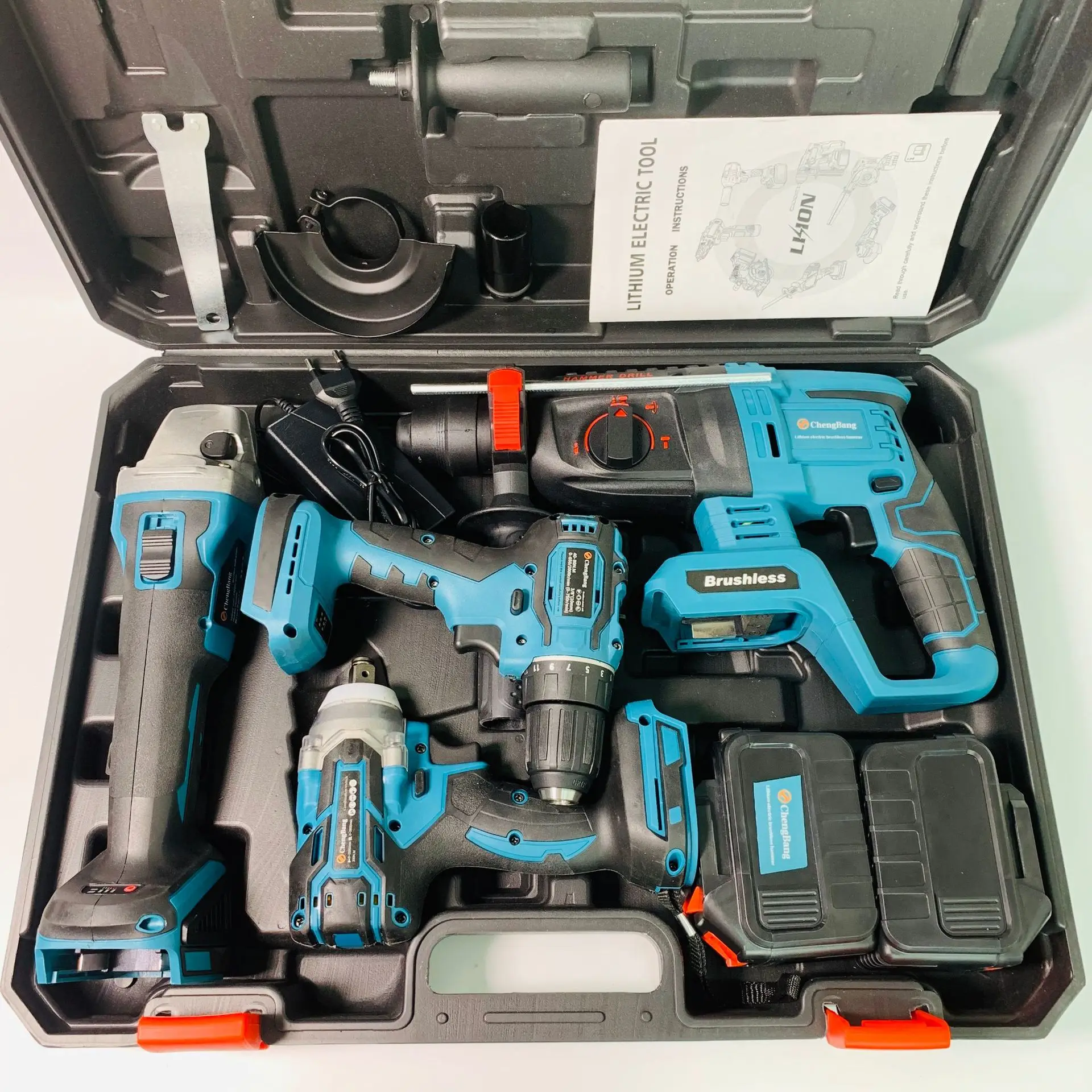 

Lithium electric power tools four-piece 02 (Angle grinder, electric drill and light hammer + wrench makita battery