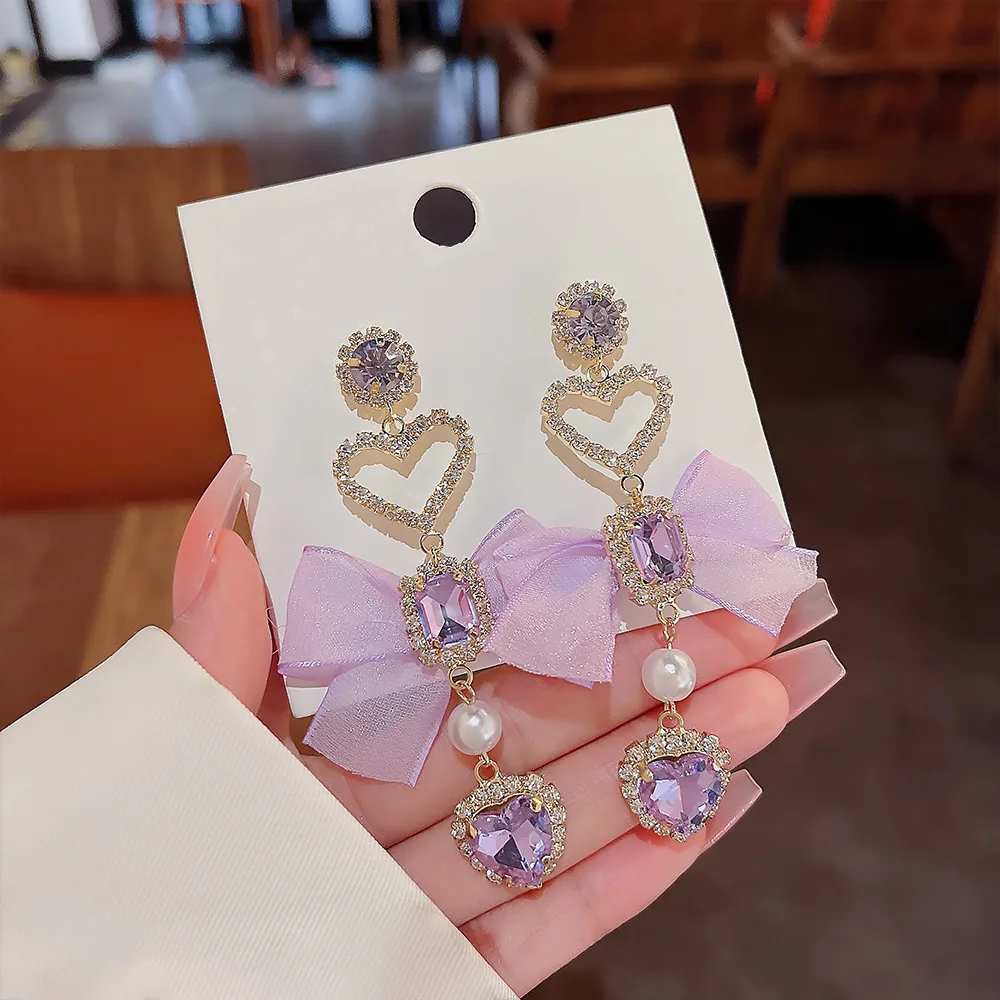 

Retro Korean Fashion 925 Silver Needle Pink Bow Love Crystal Pendant Earrings Christmas Sweet Gift Jewelry Accessories for Girls