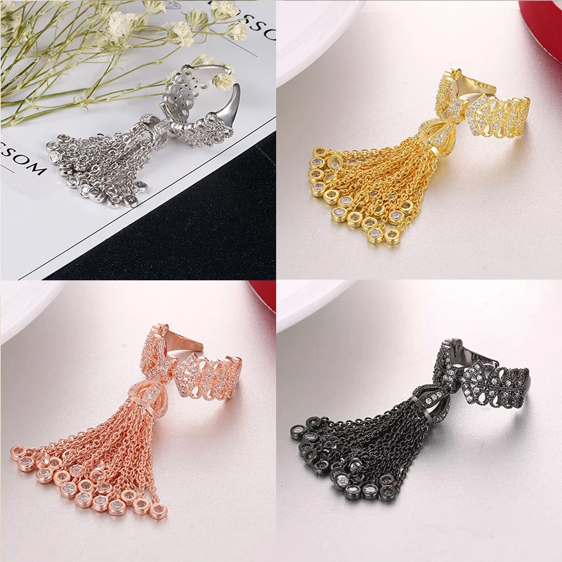 

Fashion Gold Long Tassel Open Ring Bohemian Style Women Party Anniversary Jewelry Accessories Free Shipping Multi Zirconia Ring