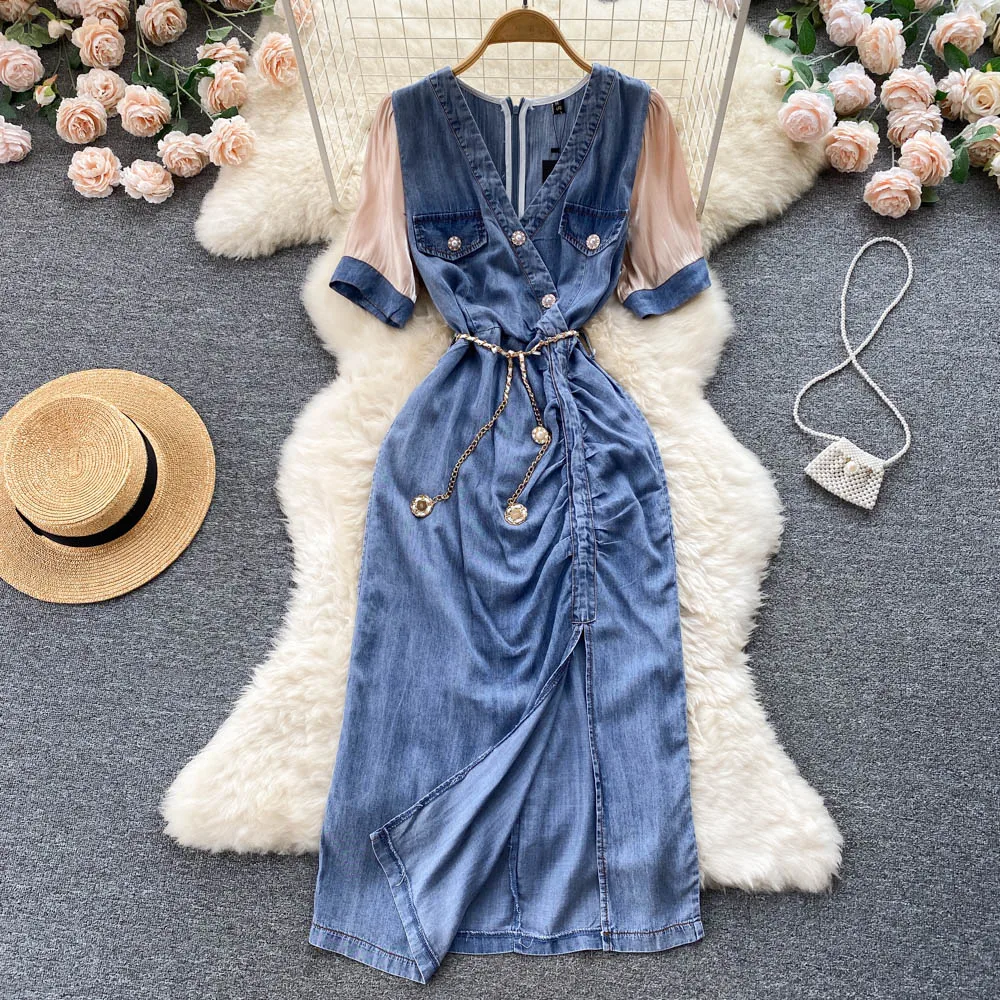 

Women Fashion Summer V-neck Stitching Short Sleeve Denim Dress French Retro Slim Short Sleeve Split Casual Clothes Vestidos F097