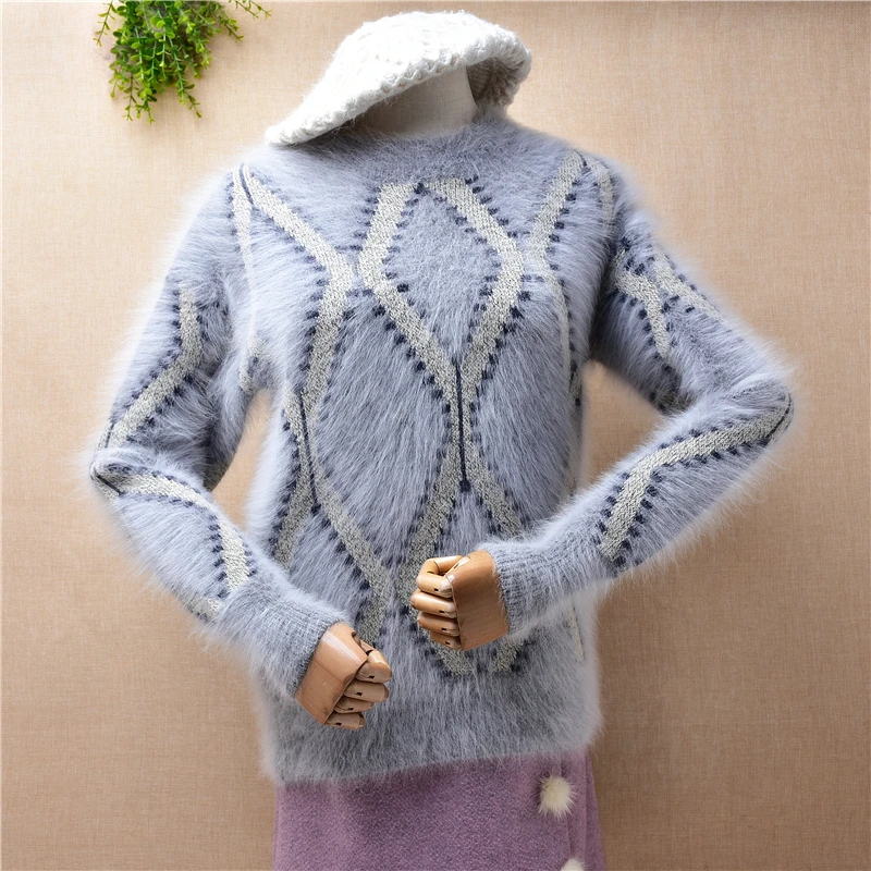 

Ladies Women Fall Winter Striped Grey Hairy Plush Mink Cashmere Knitted O-Neck Slim Blouses Angora Fur Pullover JUmper Sweater