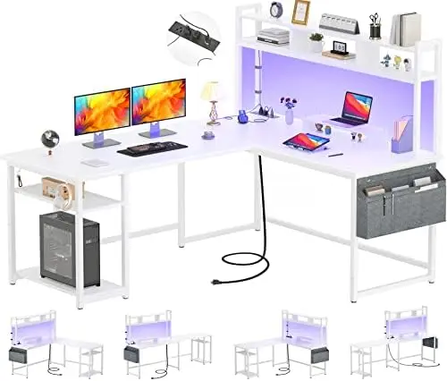 

Shaped Desk with Power Outlet & LED Strip, Reversible L-Shaped Corner Computer Desks Gaming Desk with Storage Shelf & Mo