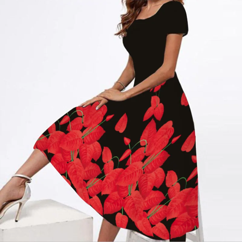 

Spring Summer Midi Dresses Women Party Elegant Slim Short Sleeves Floral Print Long Dress Casual Vestidos Beach Dress