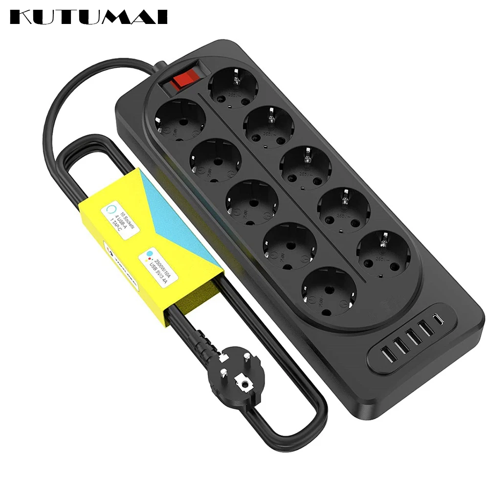 

Power Strip 6-10 Way AC Outlets EU Plug Socket 4USB Charging Port Surge Protector Multiple Extension Power Socket 2m Extension