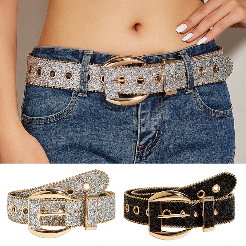 

Glitter Grommet Holes Waist Strap Shinning Adjustable Waist Belt Sequins Alloy Pin Buckle Rhinestone Belt Jeans Skirt Waistband