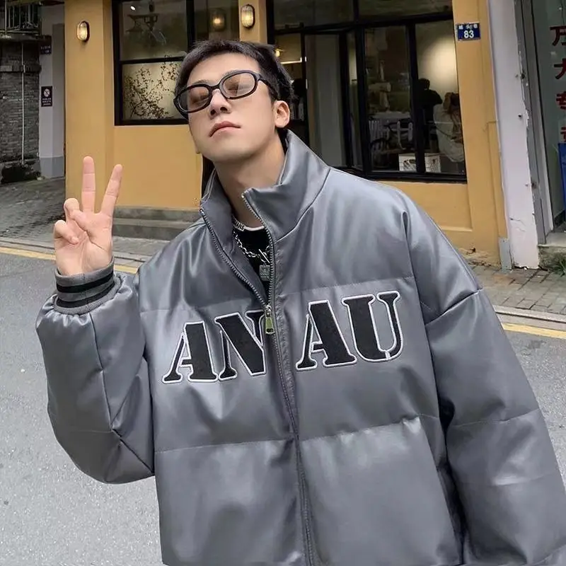 

Men's PU Leather Bomber Jacket Zipper Quilted Puffer Jacket Winter Warm Bubble Coat Streetwear Cotton Padded Parkas Outerwear
