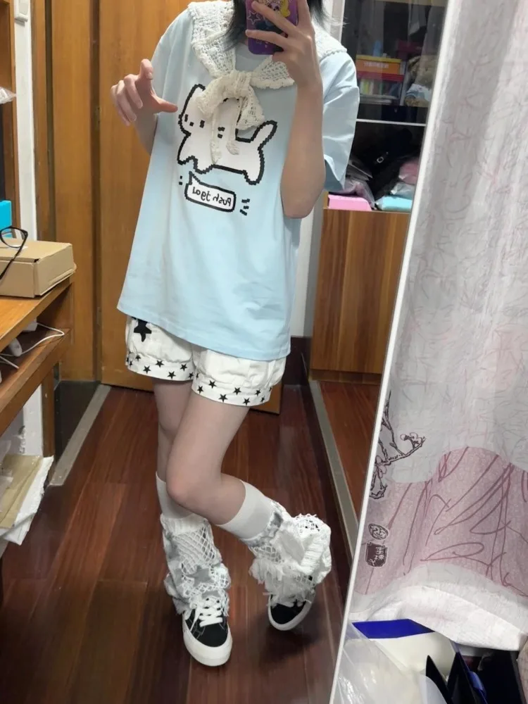 Фото Женские синие футболки HOUZHOU Harajuku Kawaii с принтом кошки, с коротким рукавом, оверсайз, в японском стиле, хлопковые футболки Juminocore №4