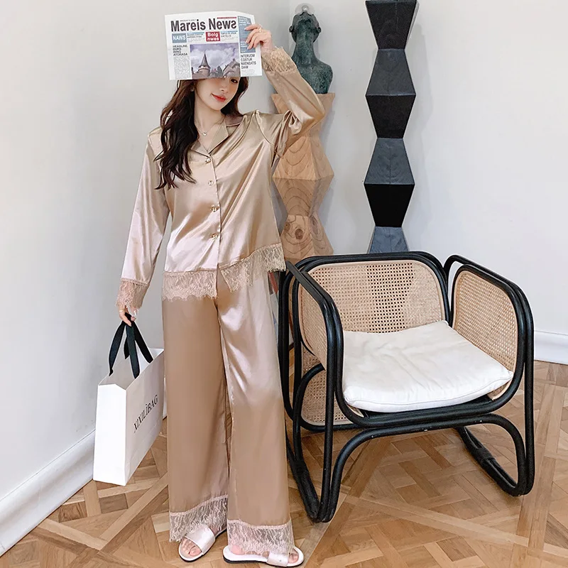 Lace Women Pajamas Turndown Collar Pocket Long Sleeve Casual Pants 2 Piece Set Sleepwear Female Home Suit Sets Nightwear