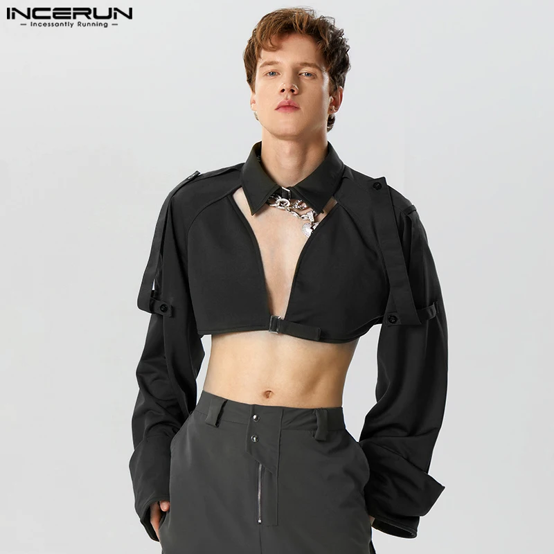 

Модный мужской комбинезон в американском стиле, укороченные рубашки с металлической пряжкой, сексуальный Однотонный пуловер с длинными рукавами, блузка, топы 2023