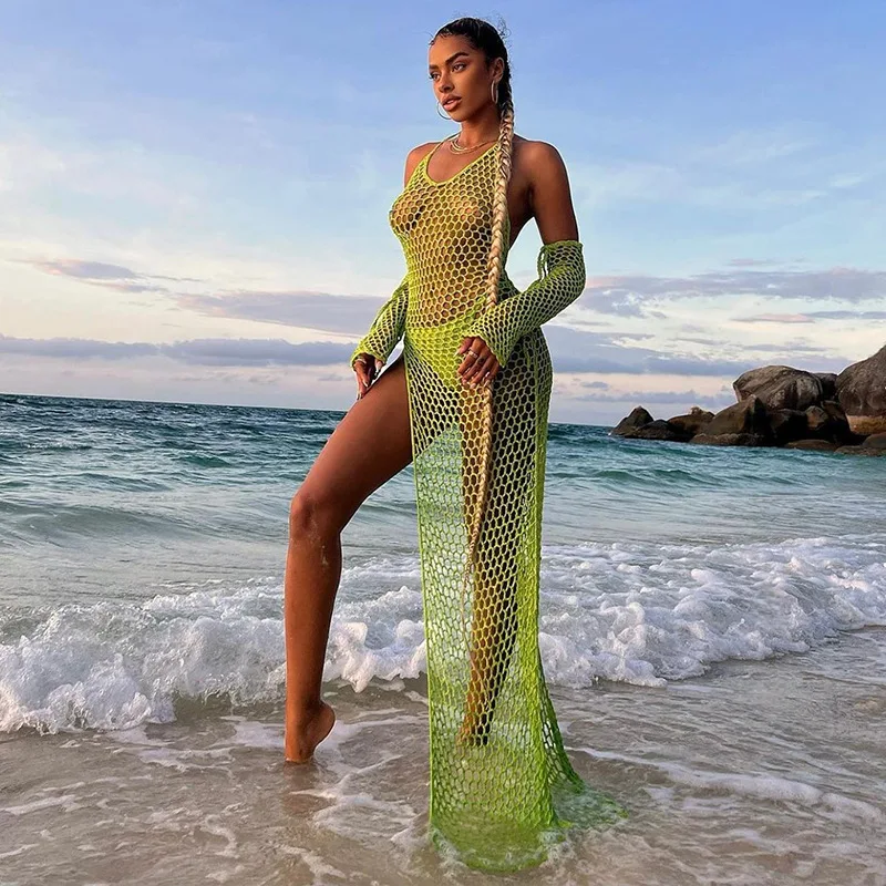 

Summer Women's Sexy Mesh Sheer Dress Cutout Beach Blouse Split Backless Long Dress