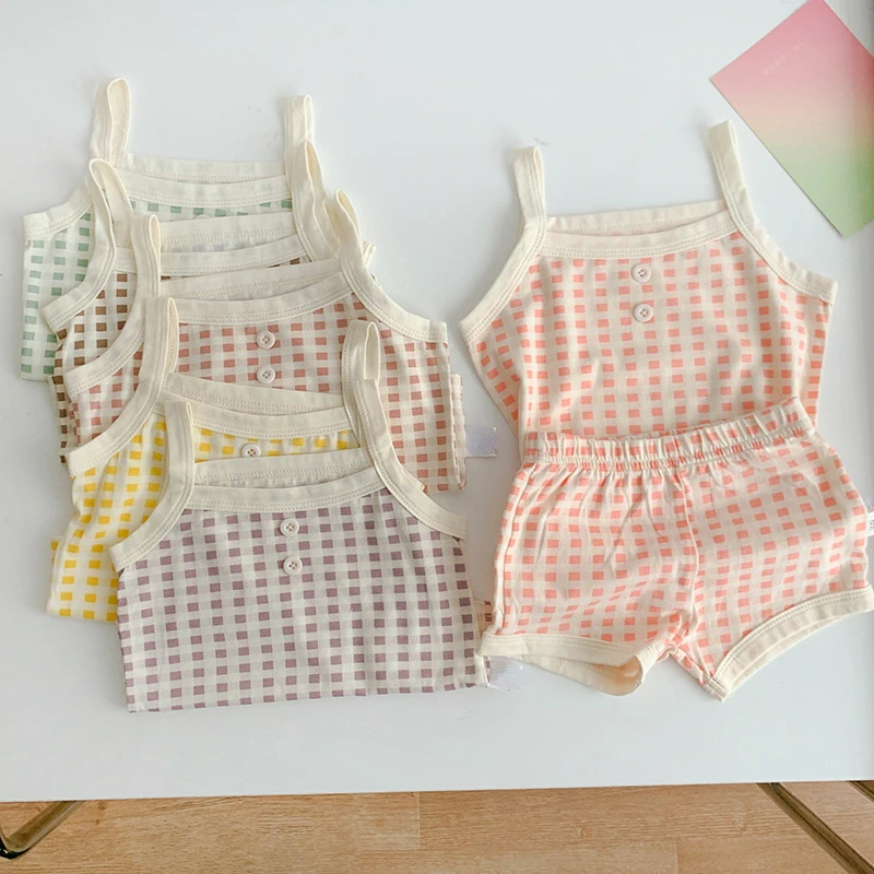 

Cute Clothes for Newborn Girls Children Baby Summer Suit Sleeveless Plaid Shirts Shorts 2pcs 2023 New Baby Clothing