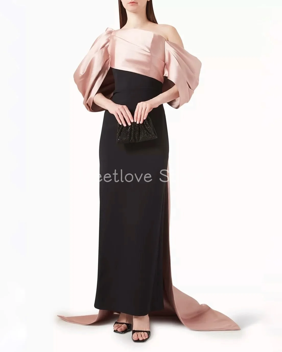 Фото Meetlove Customized Off-the-shoulder Ankle Length Simple Prom Dresses Sheath Sweep Train Satin For Women 2025 №2