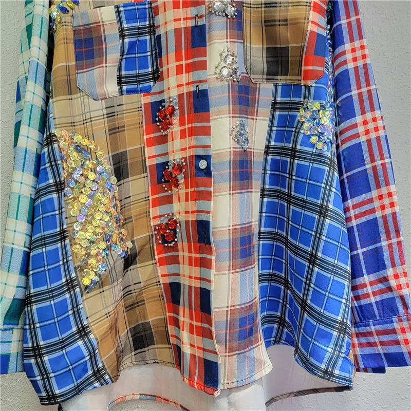 WTHT модные новые женские рубашки в клетку с яркими бриллиантами 2024 зимняя