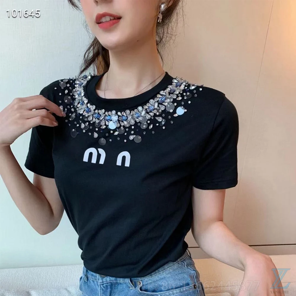 

Neckline Hot Diamond Short Sleeve T-shirt Round Neck Loose knit Embroidered Letter Top Quality Women's Top