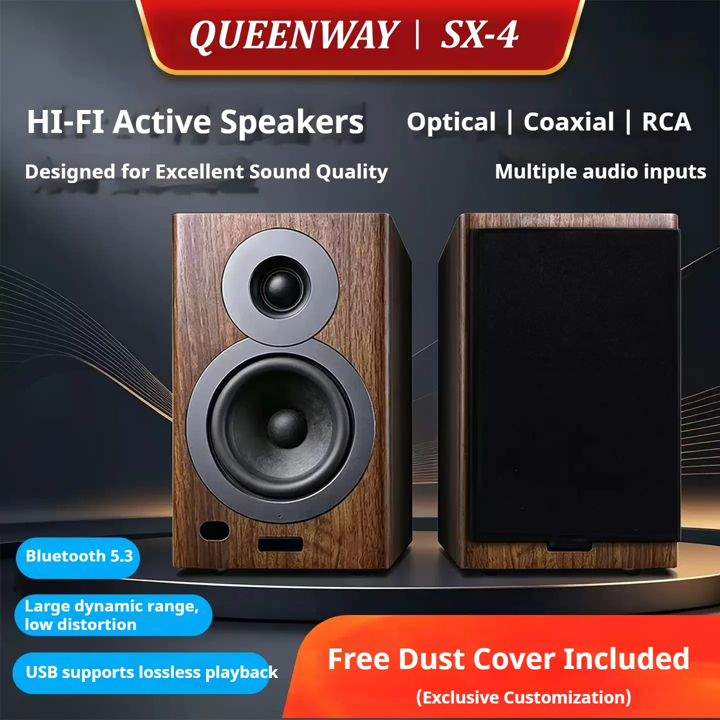 Фото Акустические системы AQ-01 SX-4 HiFi для полок - 4-дюймовые деревянные мониторные колонки с Bluetooth 5.0 и мощным усилителем для ТВ/ПК/игр №3