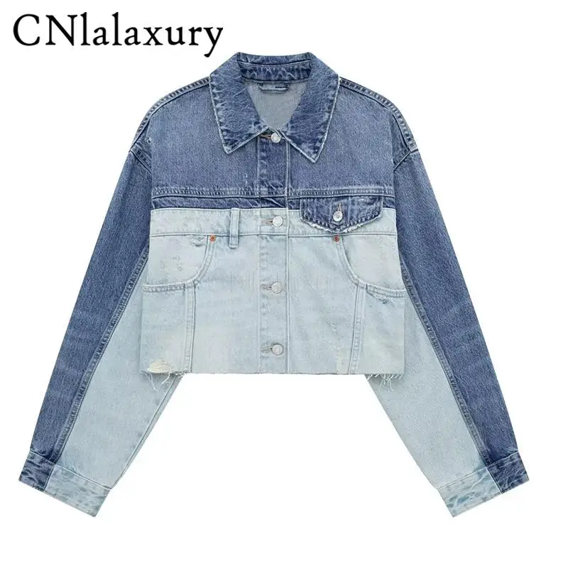 

CNlalaxury 2023 New Spring Summer Woman Fashion Vintage Lapel Patchwork Denim Jacket Coat Casual Commute Tops Female Chic