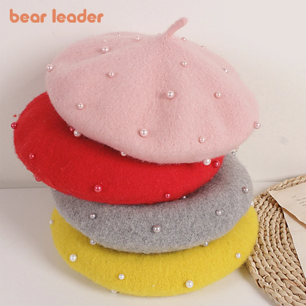 Bear Leader 2022 New Fashion Spring Autumn Vintage Pearl Hats Girls Elegant Berets Wool Solid Kids Caps Chidlren Cashmere Bonnet