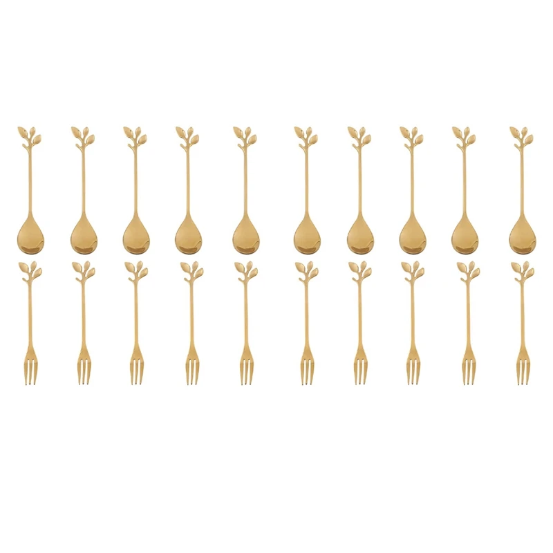 

10Spoon+10Forks Stainless Steel Leaf Coffee Cake Spoon Fork Dessert Spoons, Stirring Teaspoon Set Golden