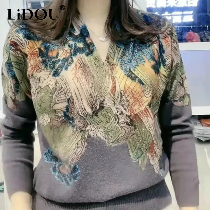 

Autumn Winter Casual All-match Diamonds Knitting Jumper Women Fashion Lady Sweater 6XL Pullover Landscape Loose Print Chic Top