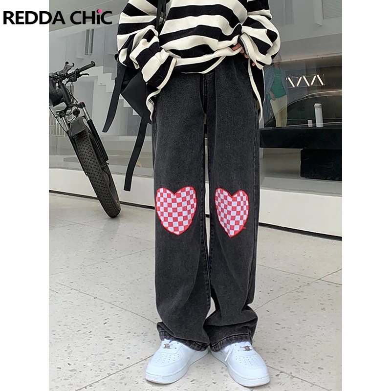 

REDDACHiC Cute Heart Baggy Jeans Korean Wide Pants for Women Streetwear High Rise Straight Harajuku Grunge Y2k Vintage Clothes