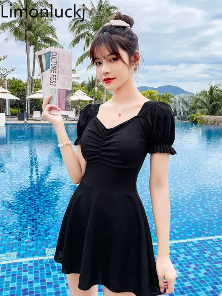 

Limonluckj 2022 New Black Swimsuit Woman Ruffle Drawstring Swimwear Dress One Piece Sexy Female Hot Spring Body Suit Monokini