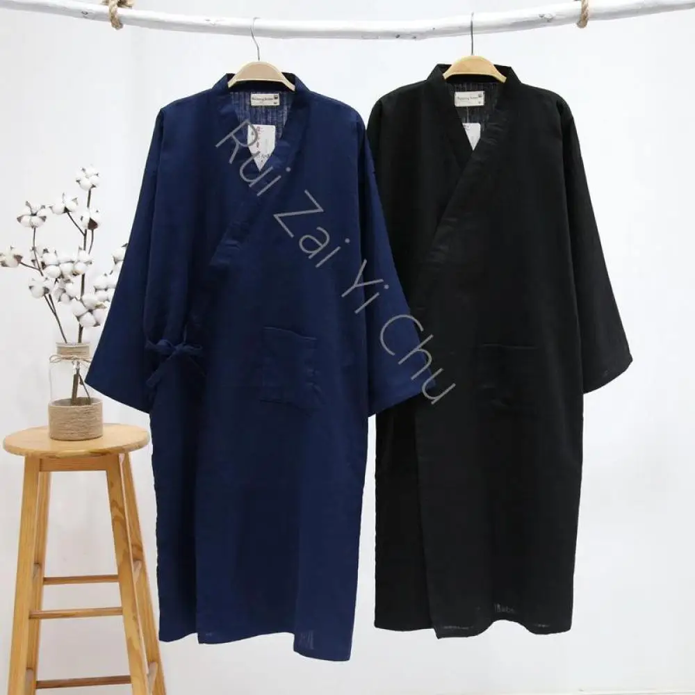 Summer Cotton Kimono Bathrobe Mens Robes Long Bath Robe Loose Leisure Nightgown New Men's Cotton Yarn Sleeping Gown Thin